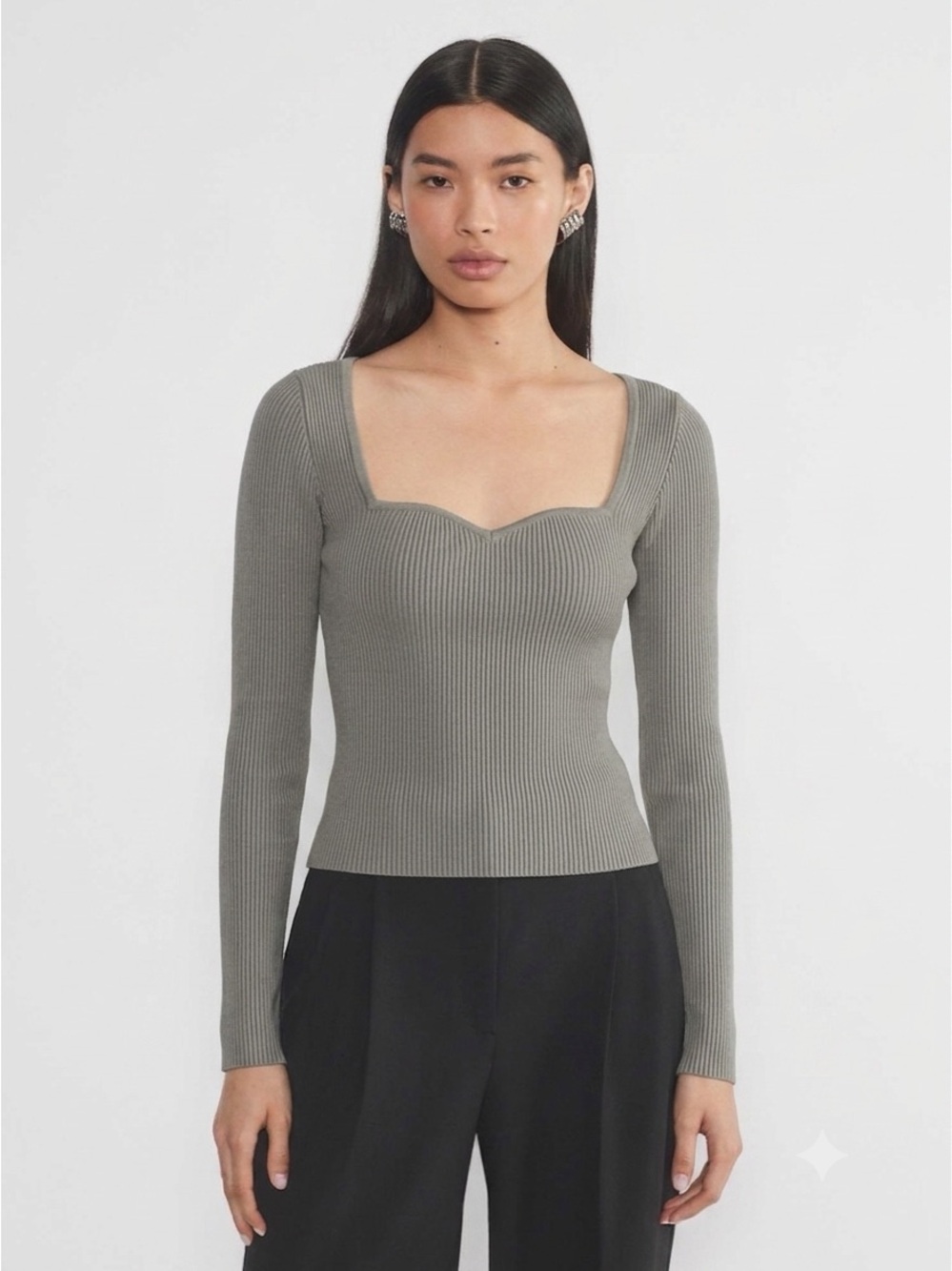 Aritzia Babaton Sculpt Long Sleeve Rib Top Gray/Green Size Small Fall Minimalist